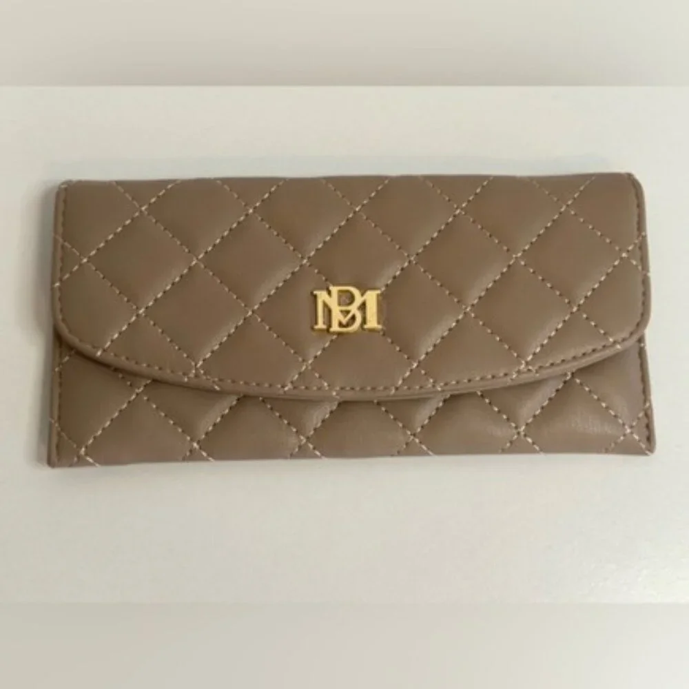 Badgley Mischka Quilted Taupe Wallet with Gold Logo NWT